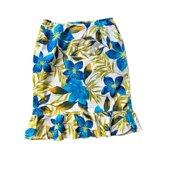 Le Suit Women's White Floral & Turquoise with a stretch ruffle Hem Skirt - Picture 2 of 6